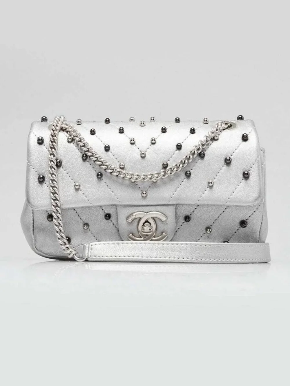 Chanel Silver Chevron Quilted Leather Studded Rectangular Mini Flap Bag